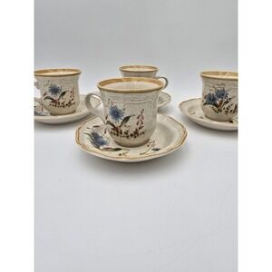 Set of 4 Mikasa Stoneware Cups & Saucers Blue Daisies Mugs #EB 804 Japan Vtg
